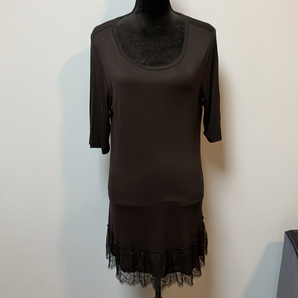 LOGO  Lori Goldstein Slinky Black Dress with Lace Hem Size M